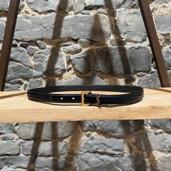 Saint Laurent Black Leather YSL Monogram Cassandre Thin Belt - Picture 2 of 13